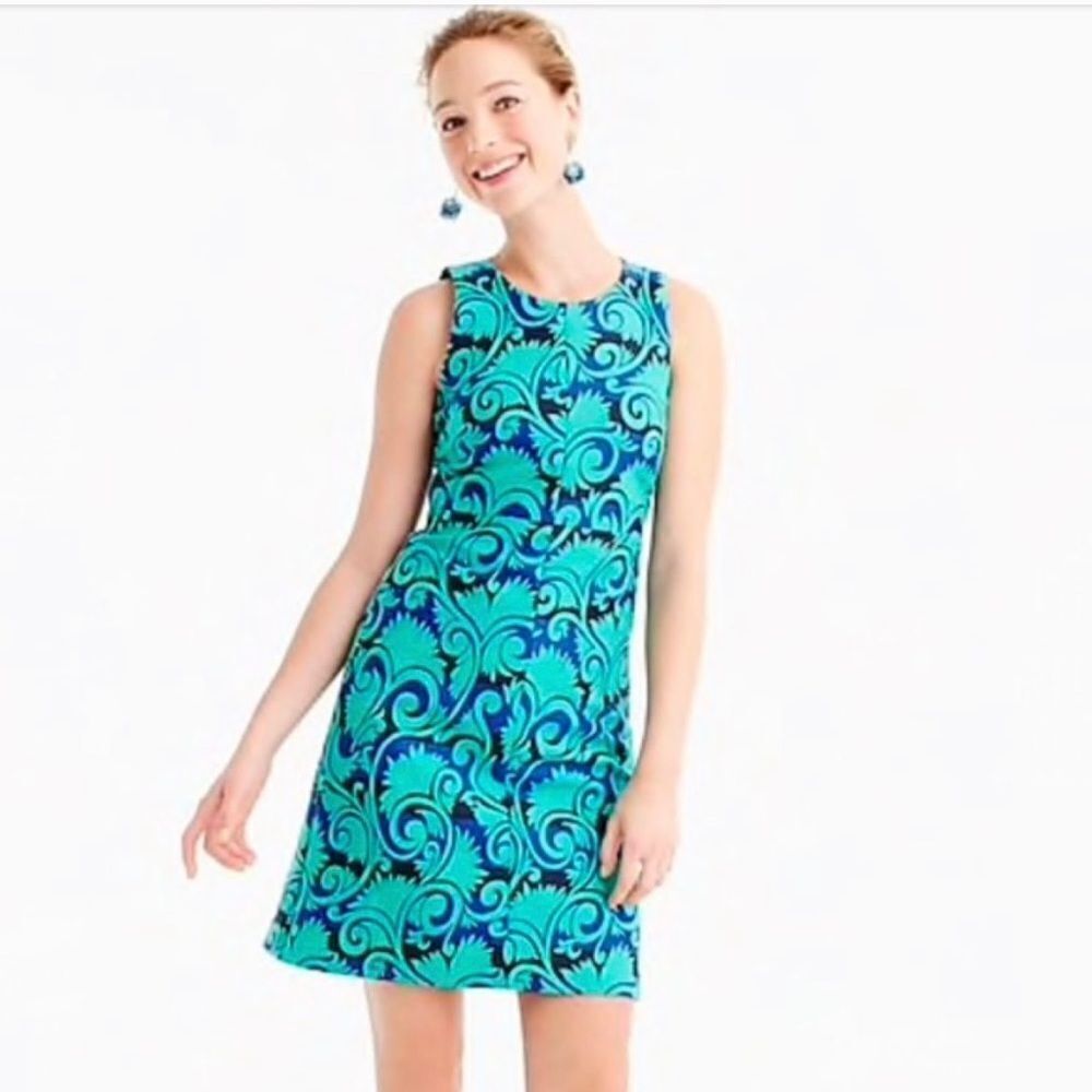 J. Crew Vineyard Jacquard Wester Dress in Navy & Green Damask. Sz 6P NWOT
